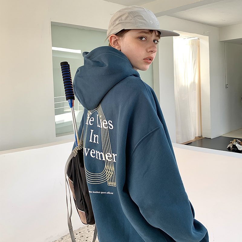 宽松印花连帽加绒加厚卫衣外套女