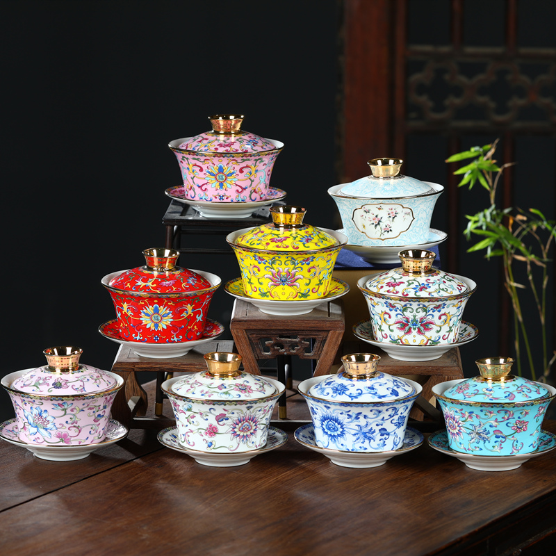 景德镇珐琅彩陶瓷盖碗茶碗单个三才碗骨瓷功夫茶具套装敬茶杯子碗