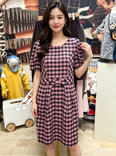 Roem/罗燕 成人夏款（大童可穿） 格子淑女风 中长款 连衣裙