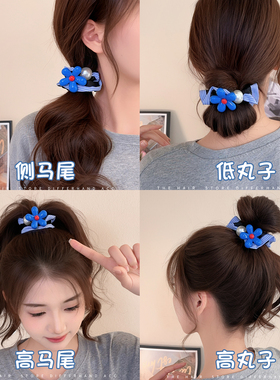 韩系蓝色小花小肠发圈黑色条纹扎头发橡皮筋发饰气质马尾发绳头饰