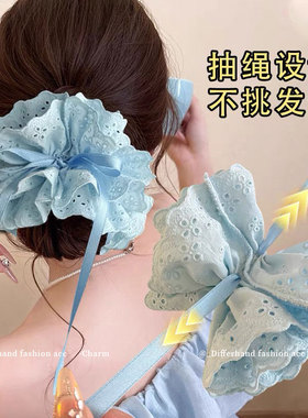 蓝色蕾丝大肠发圈发量少抽绳花边头绳超大后脑勺丸子头发绳橡皮筋