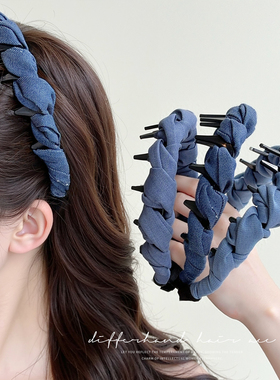 复古牛仔蓝色高颅顶发箍带齿防滑齿梳头箍女夏天2025新款日常外戴