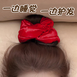 红色缎面睡眠枕头发圈kitsch填充大肠真丝发绳大号丸子头头绳头饰