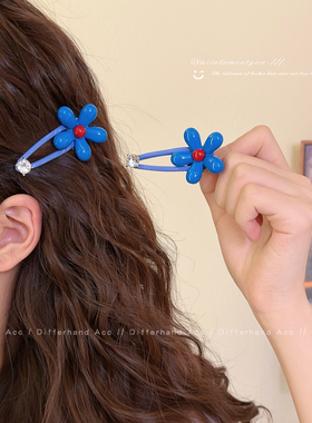 侧边蓝色花朵刘海夹韩系甜美少女鸭嘴夹高颜值前额夹一字发卡头饰