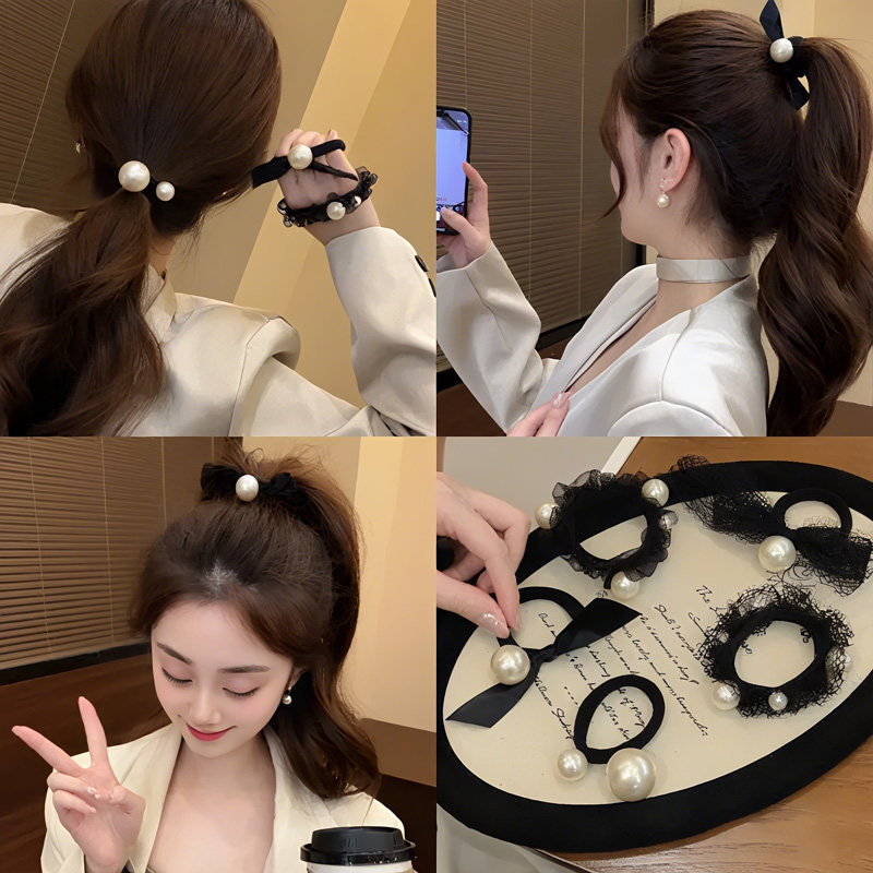 韩版黑色蕾丝花边珍珠发圈发饰成人高弹力扎马尾皮筋扎头头绳头饰,饰品/流行首饰/时尚饰品新,发饰,淘宝优惠券,粉丝福利购,淘宝优惠卷