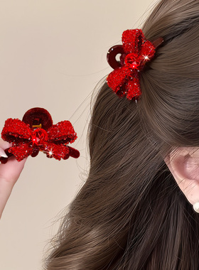 高级感新年红色蝴蝶结水钻小抓夹女气质刘海夹侧边夹碎发夹子发饰