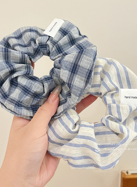 韩系蓝色格纹大肠发圈女2025新款高级感慵懒风扎头发头绳简约发饰