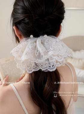 法式立体白色蕾丝头花大肠发圈女2025新款大号气质扎马尾发绳头饰