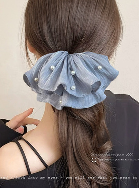 超仙蓝色大肠发圈女珍珠网纱高级感2025新款法式大号头花头绳头饰