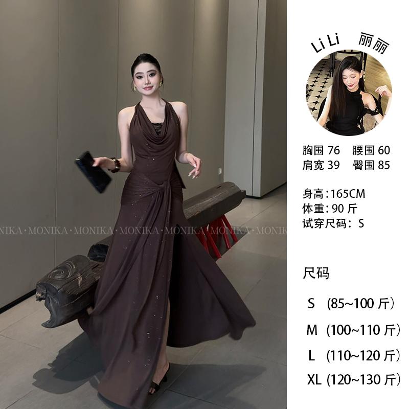 【琥珀流光】绑带挂脖连衣裙女露背蕾丝亮片拼接荡领包臀裙子
