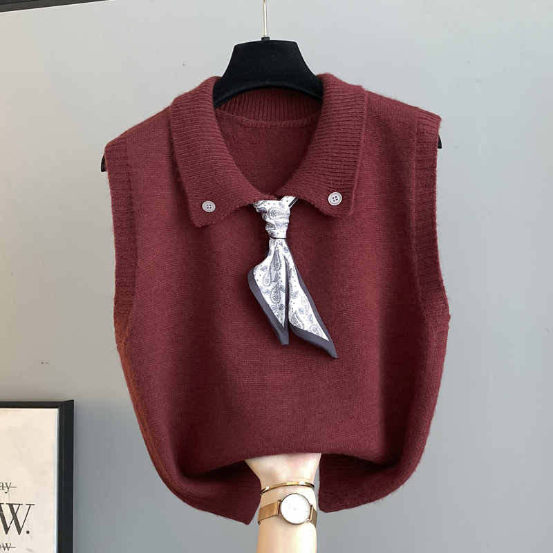 翻领丝巾针织无袖POLO领针织马甲
