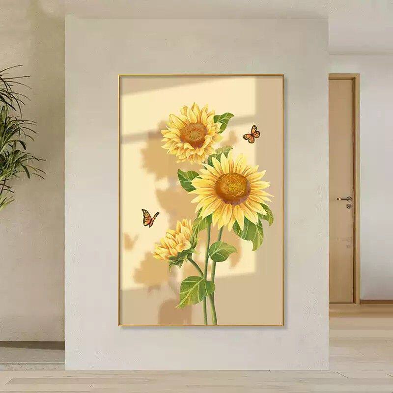北欧风入户玄关装饰画简约现代过道走廊向日葵挂画晶瓷画竖款壁画