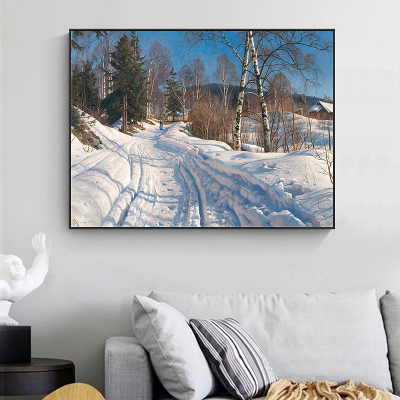 乡村田园风景油画大师蒙森德名画雪景装饰画客餐厅办公室玄关挂画