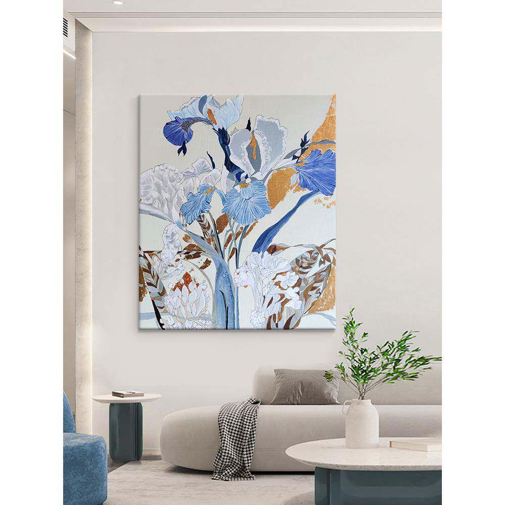 蓝色鸢尾花手绘油画现代简约花卉装饰画卧室床头客厅玄关肌理挂画