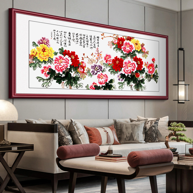 花开富贵国画牡丹花挂画新中式客厅沙发背景墙装饰画横幅花鸟壁画