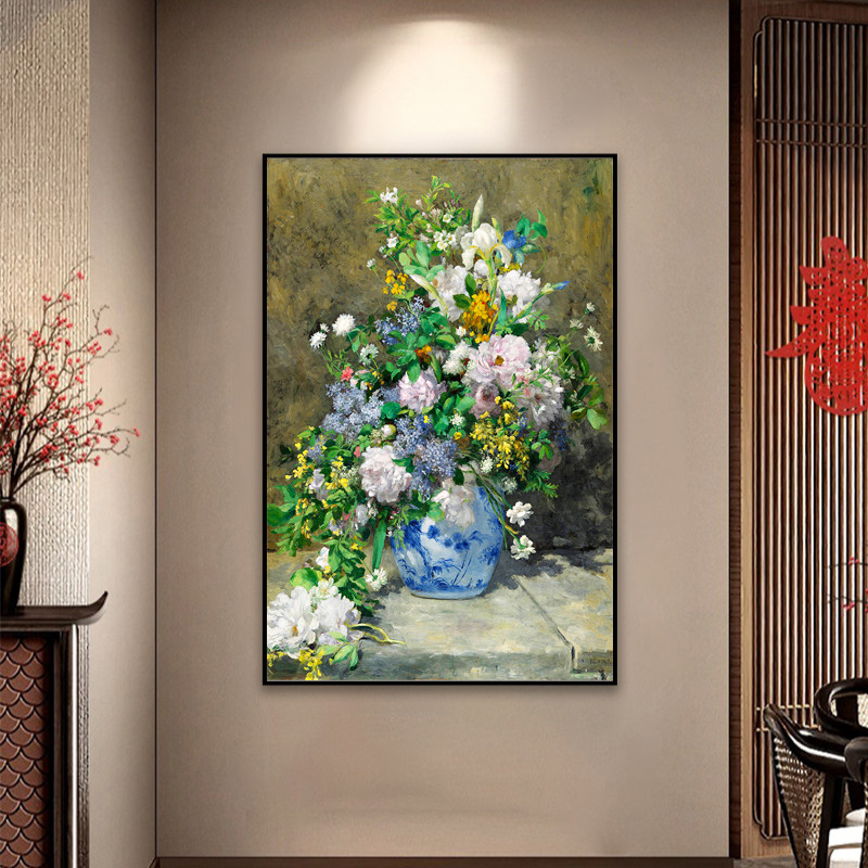 雷诺阿-春之花束 客厅玄关画走道挂画竖版美式装饰画卧室油画壁画