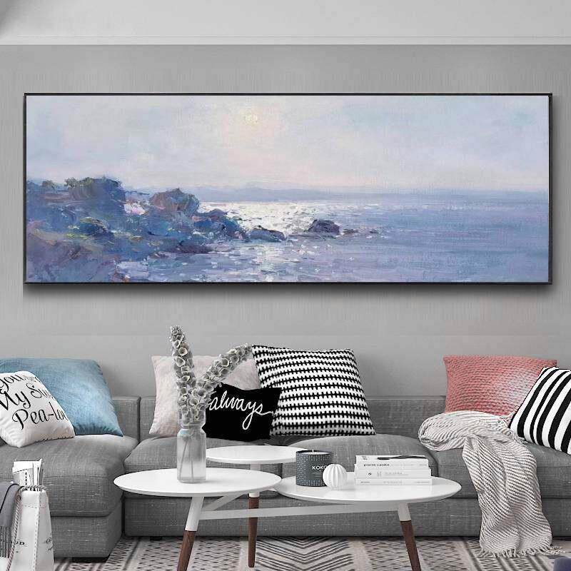 新款现代手绘挂画客厅沙发背景墙装饰画高级灰色原创风景油画日出
