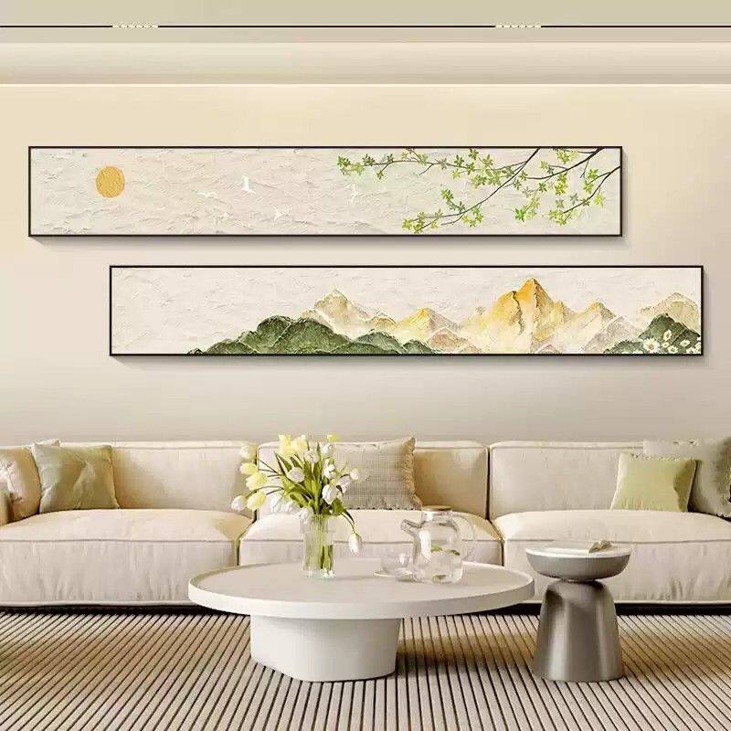 日照金山客厅装饰画山水风景沙发背景墙挂画窄长条高级感中式壁画
