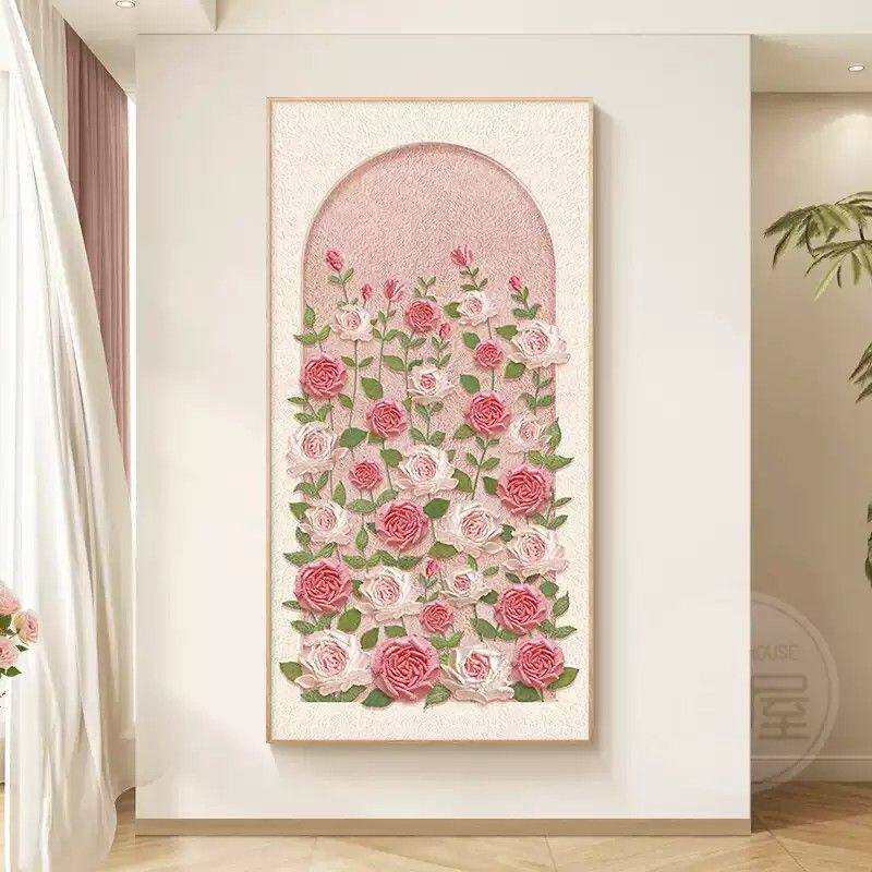 奶油风入户玄关装饰画玫瑰花卉肌理壁画走廊过道艺术挂画2025新款
