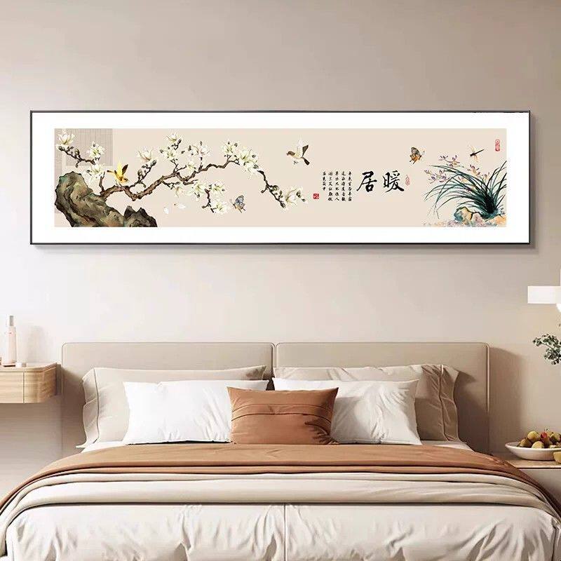 新中式卧室床头挂画 花鸟主题高档水晶画面装饰画 可客制化墙壁挂