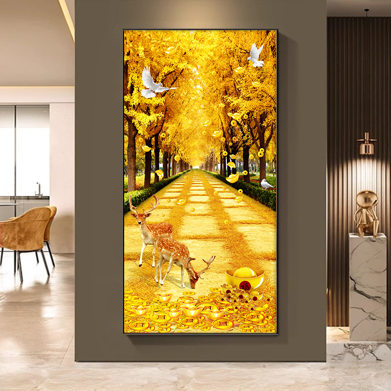 新款玄关高级感挂画入户正对门黄金满地装饰画走廊过道招财壁画