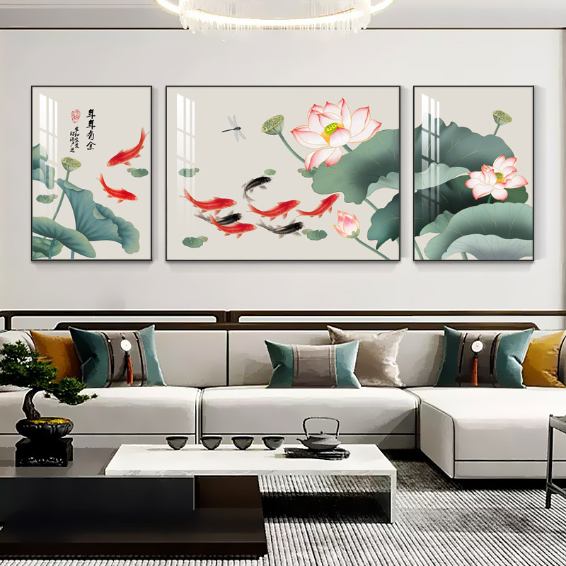 九鱼图客厅装饰画新中式沙发背景墙挂画轻奢大气三联画荷花墙壁画