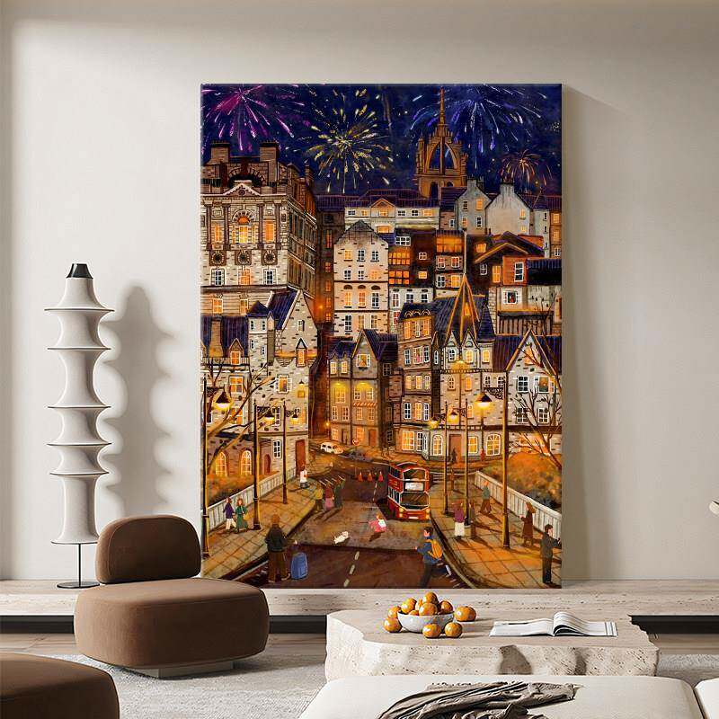 巴黎夜景现代客厅装饰画法式复古手绘油画高级感玄关美式挂画小众
