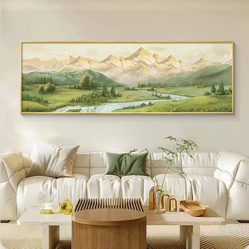 日照金山客厅装饰画横幅山水风景油画沙发背景墙挂画2025新款壁画