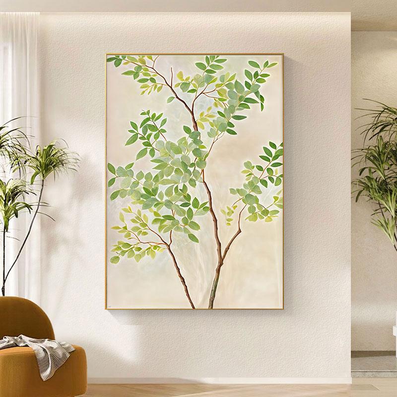 日式原木风客厅大白墙装饰画绿植挂画沙发背景墙小清新入户墙壁画