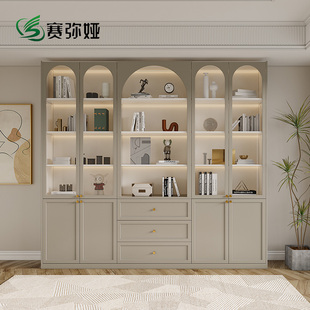书柜带玻璃门展示柜子现代轻奢酒柜定制家用客厅一体整墙到顶书架
