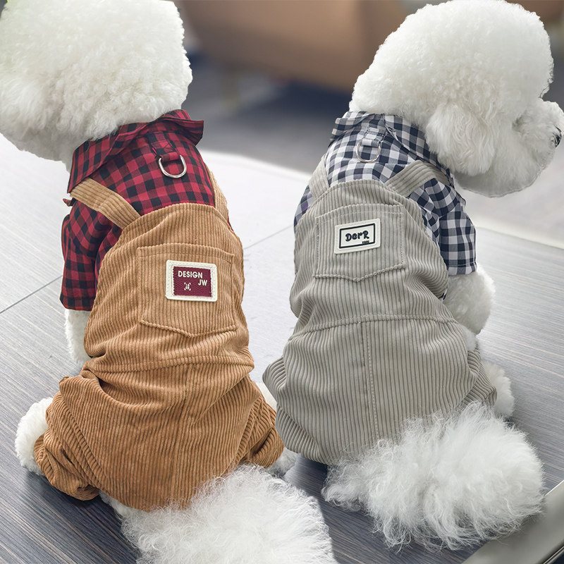 宠物狗狗衣服春秋薄款泰迪比熊小型犬可爱格子衬衫灯芯绒四脚衣