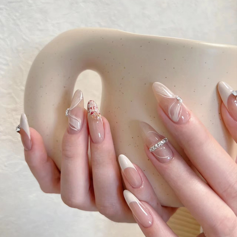 穿戴甲高级感手工定制纯欲飘带法式假指甲贴片链条钻轻奢显白美甲