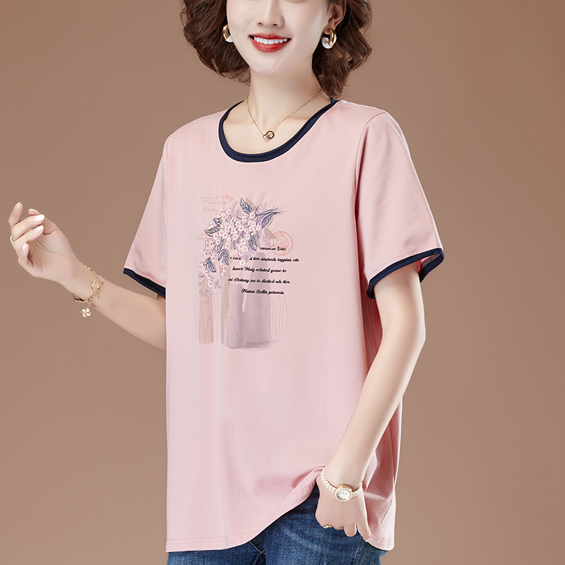 妈妈夏装刺绣纯棉T恤女短袖洋气中年妇女汗衫宽松加肥加大码上衣