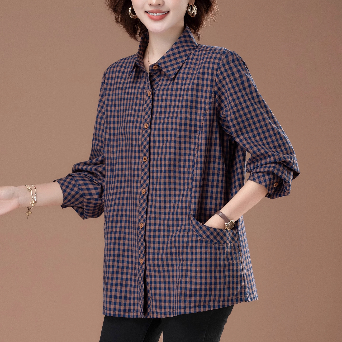 中年人大码格子衬衫女纯棉