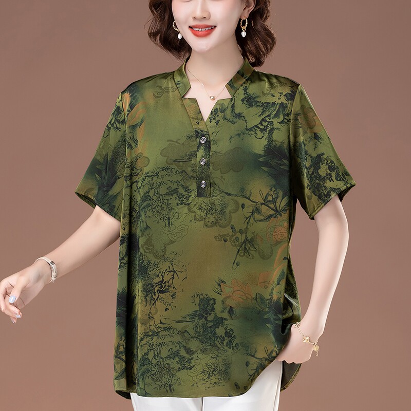 洋气中老年胖妈妈夏季薄款中式国风衬衫女轻奢高级感宽松冰丝衬衣