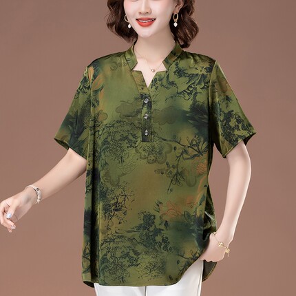 洋气中老年胖妈妈夏季薄款中式国风衬衫女轻奢高级感宽松冰丝衬衣