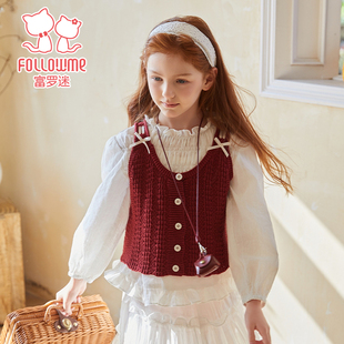 富罗迷女童套装春秋两件套新款洋气小女孩长袖打底衫百褶花边上衣