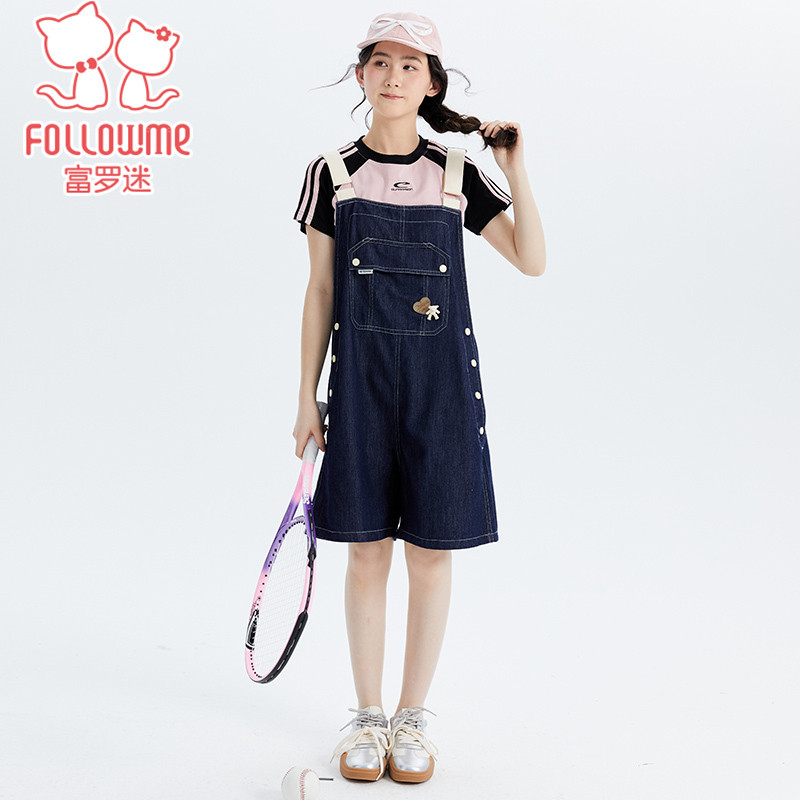 富罗迷女童牛仔背带裤夏季2025新款少女装青少年时髦洋气背带短裤