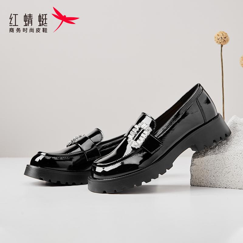REDDRAGONFLY/红蜻蜓漆皮水钻复古方跟一脚蹬乐福单鞋女B4101703