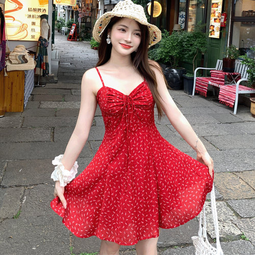 ENNK Studio法式红色裙碎花裙吊带裙连衣裙夏季收腰小个子女短裙