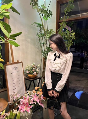 ENNK Studio丝绒茶花衬衫春秋季新款修身显瘦荷叶边长袖上衣女