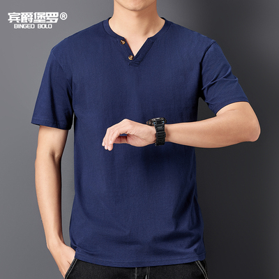 夏季新款纯棉短袖T恤男装纽扣V领宽松大码上衣服打底衫体恤半袖衫