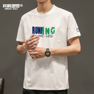 男装潮流男士短袖T恤纯棉圆领印花白黑体上衣服内搭打底衫长袖