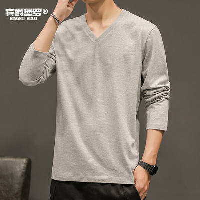 男士长袖T恤男装V领秋季青少年纯棉秋衣体恤打底衫纯色t恤上衣潮