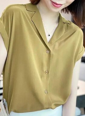 高档冰丝雪纺衫夏季2023新款衬衣大码女装宽松短袖遮肚衬衫上衣女