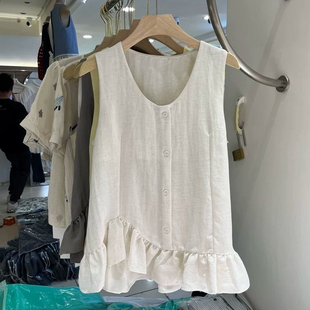 上衣 韩系U领设计感不规则荷叶花边无袖 衬衫 女2025年夏季 背心小衫