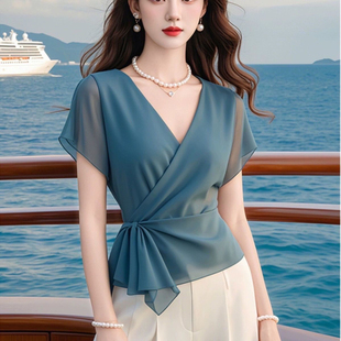 2025夏仙氣飄飄精致絕美小衫 女獨(dú)特漂亮雪紡上衣 襯衫 藍(lán)色收腰短袖