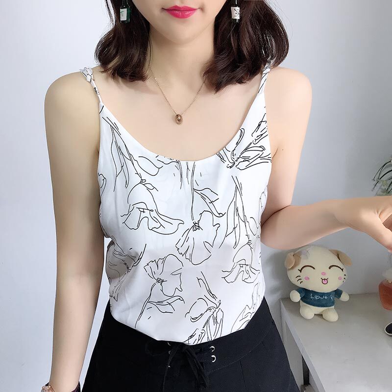 小吊带背心女复古雪纺印花港味chic风宽松打底衫肩带可调外穿上衣