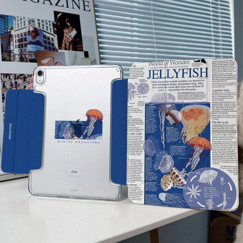 【y折x兼容笔套】水母苹果平板ipad保护套适用pro11透明13亚克力air6三折式mini卡通7第十代2024海洋10壳air7