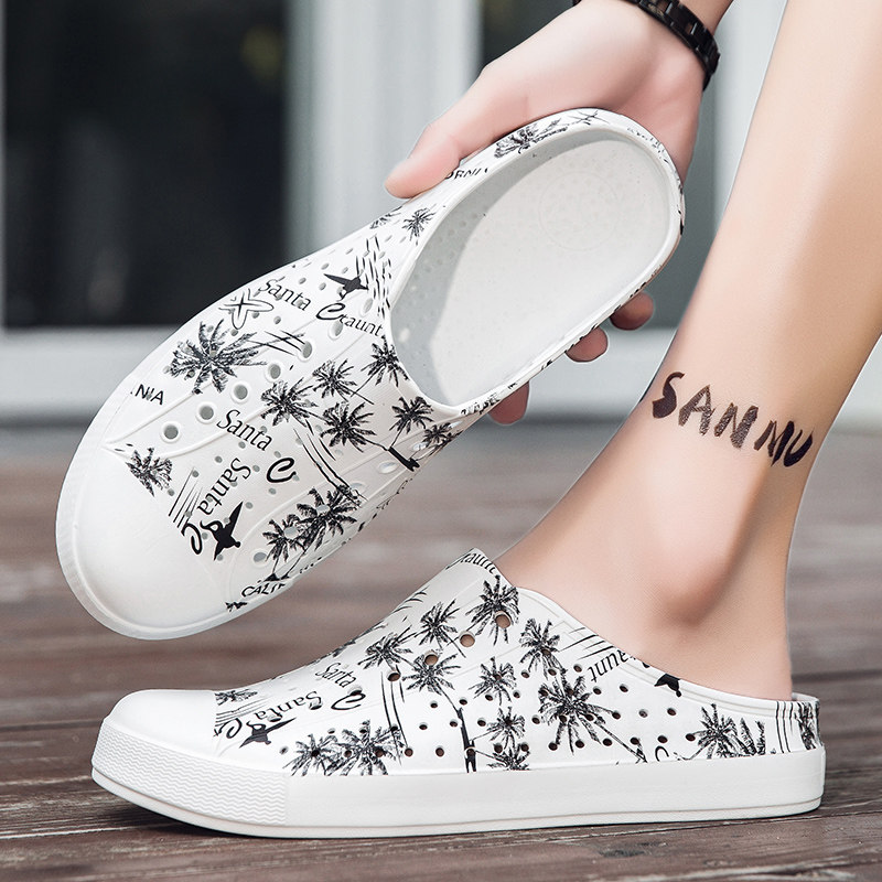 夏季包头半拖凉鞋男女镂空透气休闲洞洞鞋女百搭涉水涂鸦沙滩鞋男